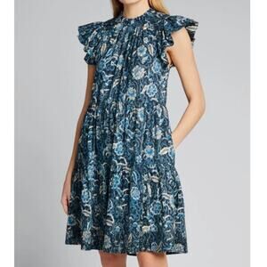 ULLA JOHNSON Floral Dress SMALL Midnight Blue Kasim Cotton Blend Flutter Sleeve